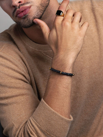 Nialaya Men's Beaded Bracelet Men's Hexagon Beaded Bracelet with Black Onyx and Gold